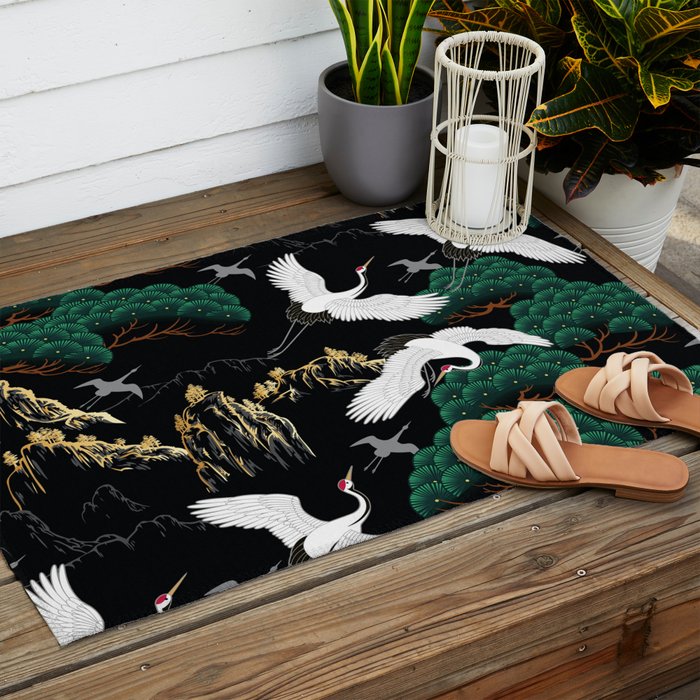 Japanese Flying Crane Wild Emerald Forest Pattern Outdoor Rug Gallery Image 2