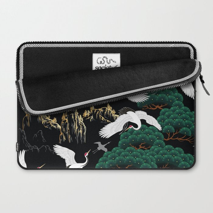 Japanese Flying Crane Wild Emerald Forest Pattern Laptop Sleeve Gallery Image 2