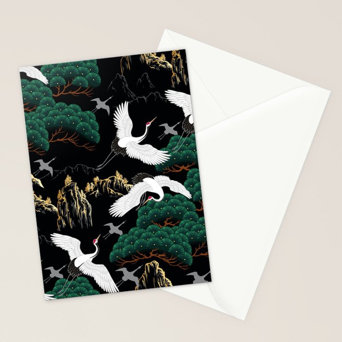 Japanese Flying Crane Wild Emerald Forest Pattern Stationery Card Gallery Image 2
