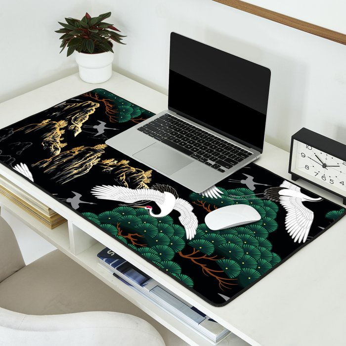 Japanese Flying Crane Wild Emerald Forest Pattern Desk Mat Gallery Image 2
