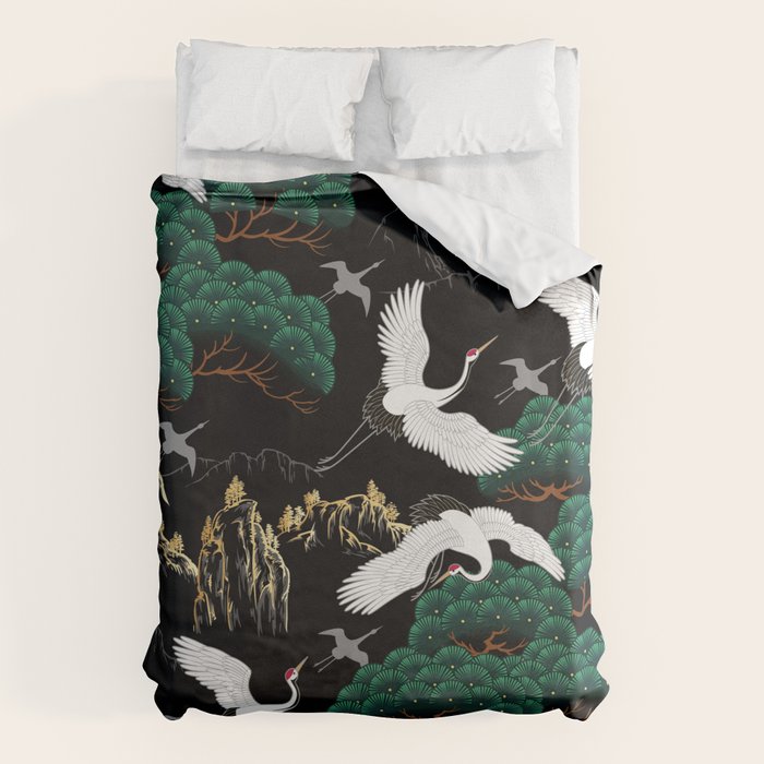 Japanese Flying Crane Wild Emerald Forest Pattern Duvet Cover Gallery Image 1