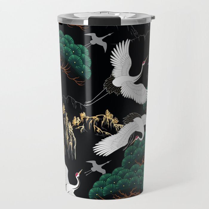 Japanese Flying Crane Wild Emerald Forest Pattern Travel Mug Gallery Image 1