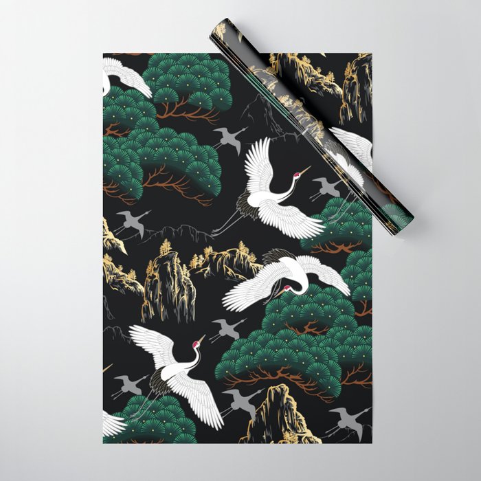 Japanese Flying Crane Wild Emerald Forest Pattern Wrapping Paper Gallery Image 1