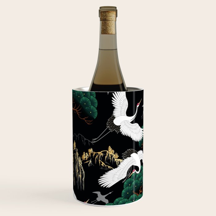 Japanese Flying Crane Wild Emerald Forest Pattern Wine Chiller Gallery Image 1
