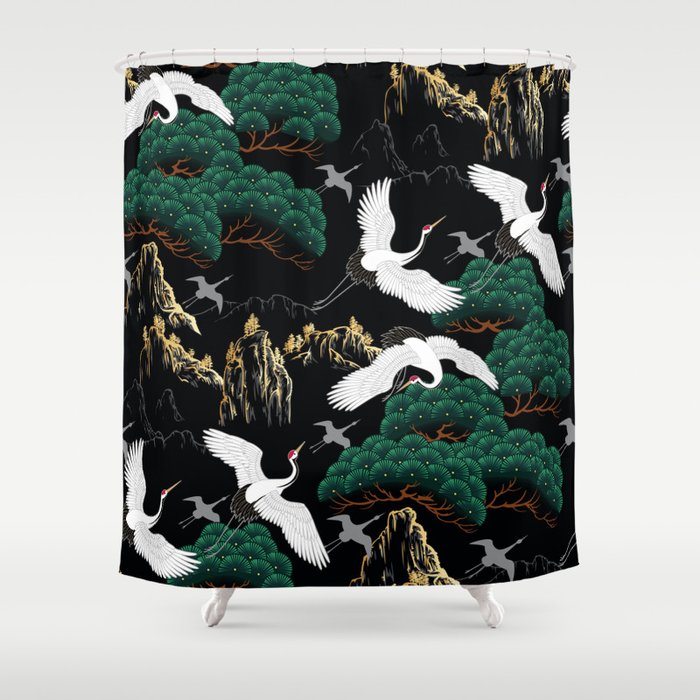 Japanese Flying Crane Wild Emerald Forest Pattern Shower Curtain Gallery Image 1