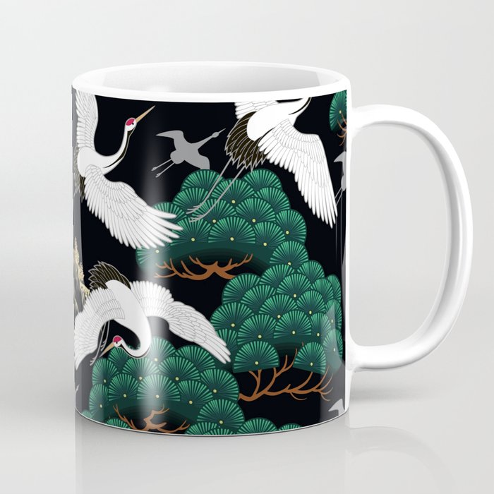Japanese Flying Crane Wild Emerald Forest Pattern Coffee Mug Gallery Image 1