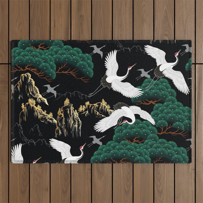Japanese Flying Crane Wild Emerald Forest Pattern Outdoor Rug Gallery Image 1