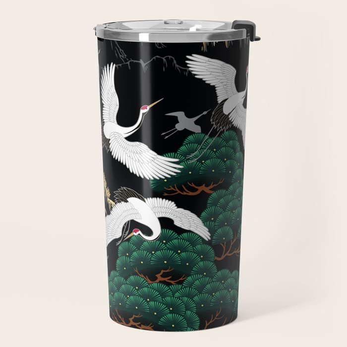 Japanese Flying Crane Wild Emerald Forest Pattern Travel Mug Gallery Image 2
