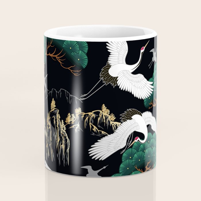 Japanese Flying Crane Wild Emerald Forest Pattern Coffee Mug Gallery Image 4