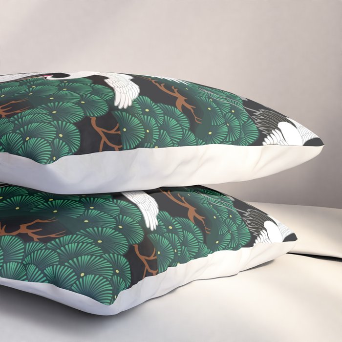 Japanese Flying Crane Wild Emerald Forest Pattern Pillow Sham Gallery Image 3