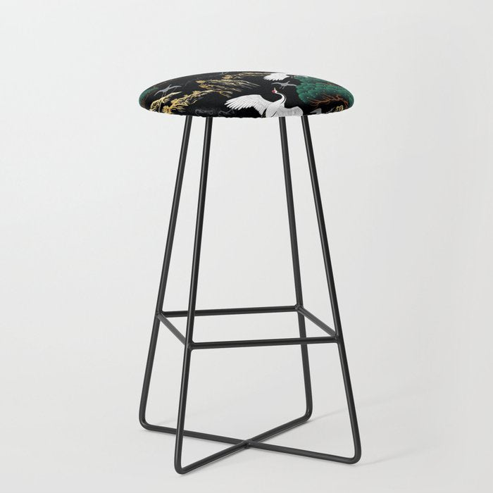 Japanese Flying Crane Wild Emerald Forest Pattern Stool Gallery Image 1