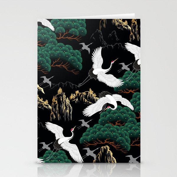 Japanese Flying Crane Wild Emerald Forest Pattern Stationery Card Gallery Image 2