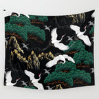 Japanese Flying Crane Wild Emerald Forest Pattern Wall Tapestry Gallery Image 4