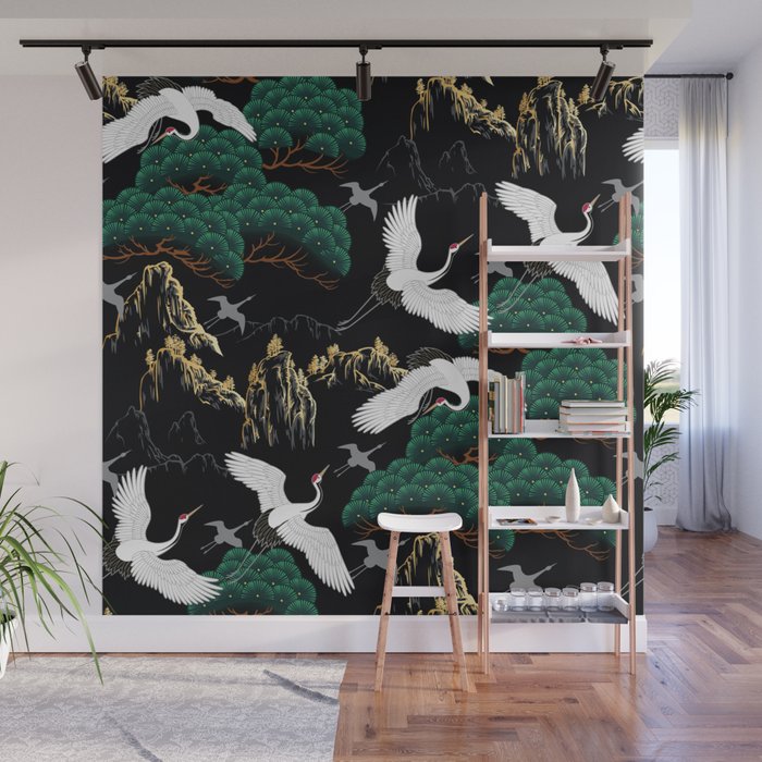 Japanese Flying Crane Wild Emerald Forest Pattern Wall Mural Gallery Image 1