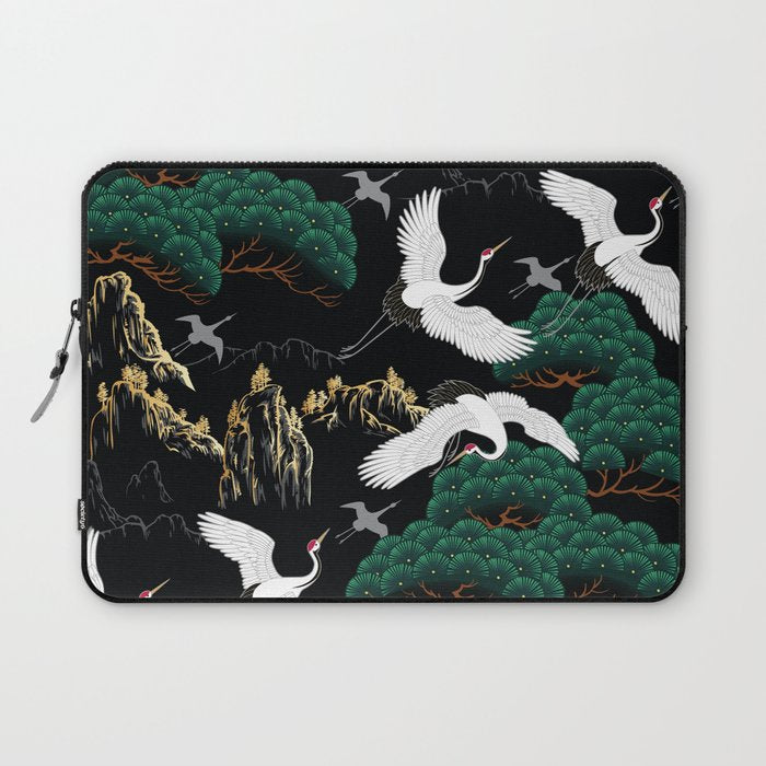Japanese Flying Crane Wild Emerald Forest Pattern Laptop Sleeve Gallery Image 1