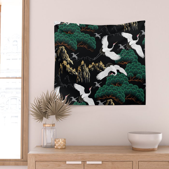 Japanese Flying Crane Wild Emerald Forest Pattern Wall Tapestry Gallery Image 2