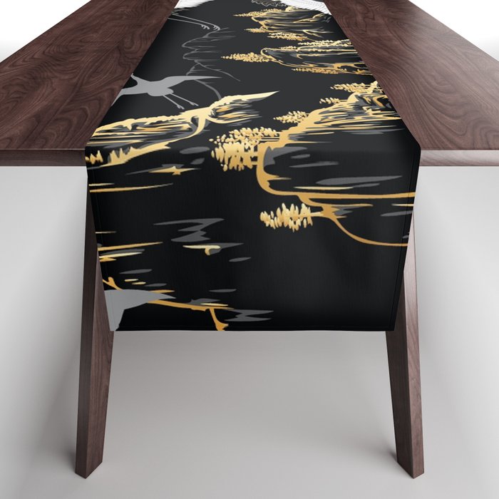 Japanese Flying Crane Wild Emerald Forest Pattern Table Runner Gallery Image 1