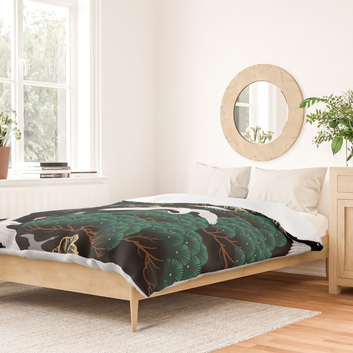 Japanese Flying Crane Wild Emerald Forest Pattern Duvet Cover Gallery Image 2