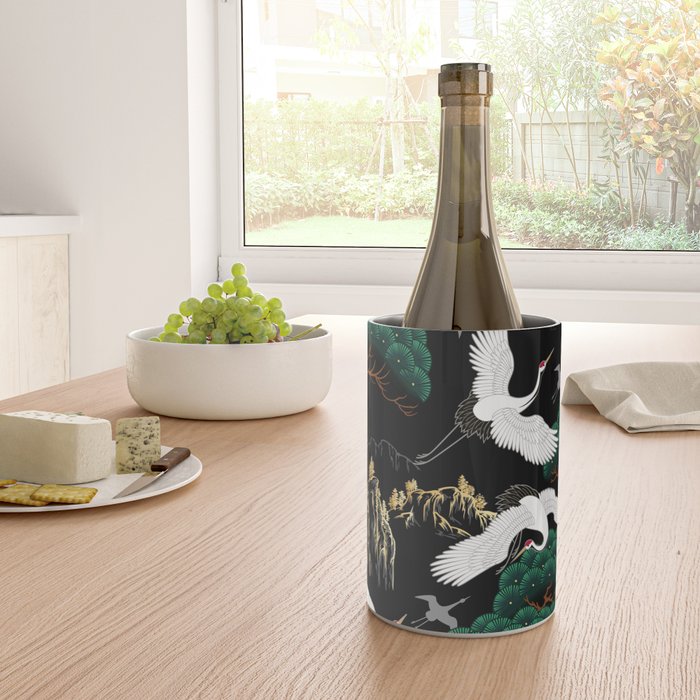 Japanese Flying Crane Wild Emerald Forest Pattern Wine Chiller Gallery Image 4