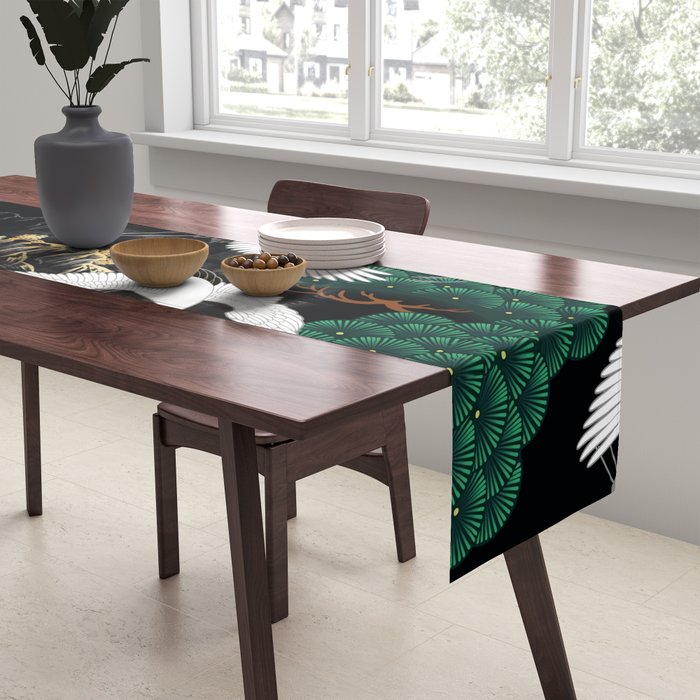 Japanese Flying Crane Wild Emerald Forest Pattern Table Runner Gallery Image 2