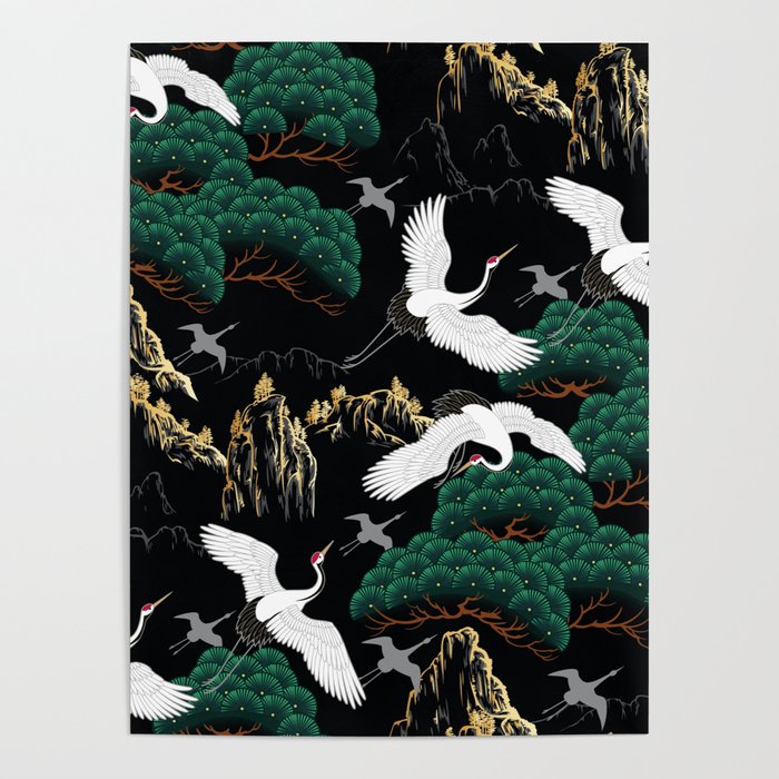 Japanese Flying Crane Wild Emerald Forest Pattern Poster Gallery Image 1