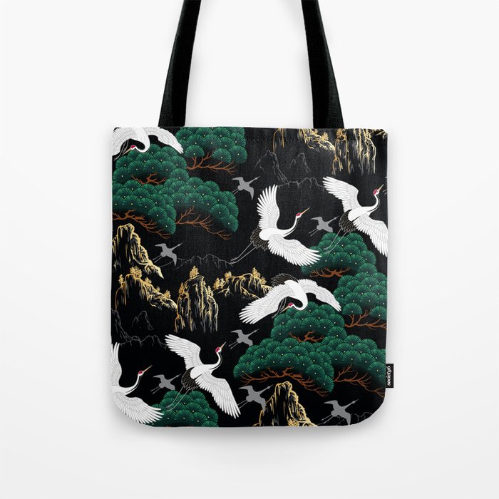 Japanese Flying Crane Wild Emerald Forest Pattern Tote Bag Gallery Image 1