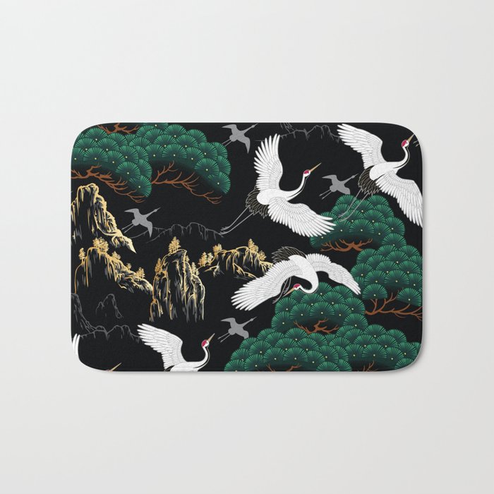 Japanese Flying Crane Wild Emerald Forest Pattern Bath Mat Gallery Image 1