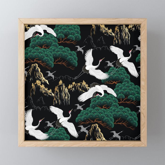 Japanese Flying Crane Wild Emerald Forest Pattern Mini Art Print Gallery Image 1