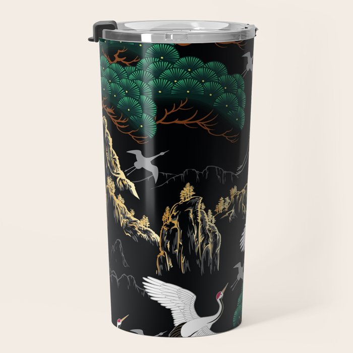 Japanese Flying Crane Wild Emerald Forest Pattern Travel Mug Gallery Image 3