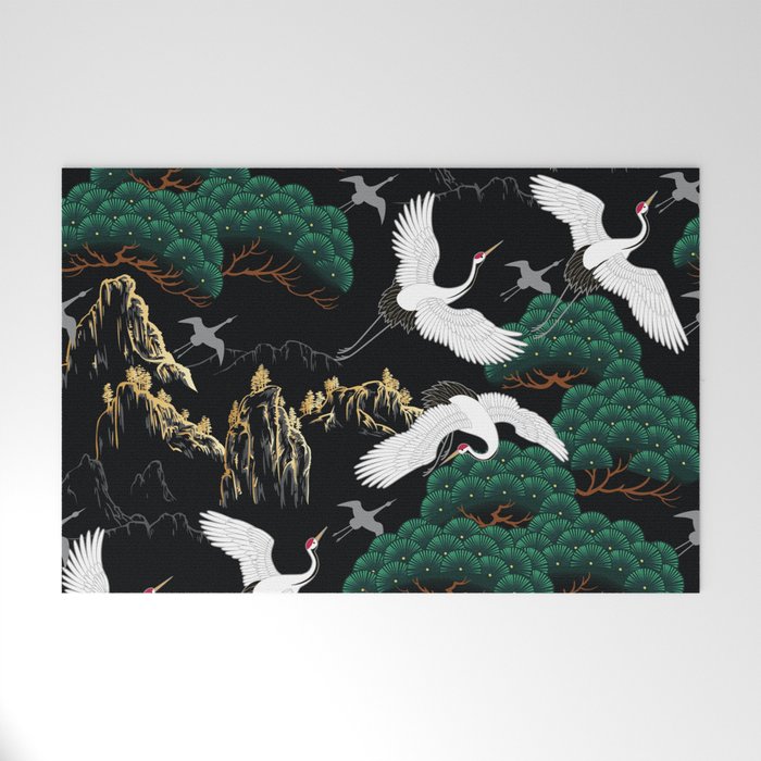 Japanese Flying Crane Wild Emerald Forest Pattern Welcome Mat Gallery Image 1