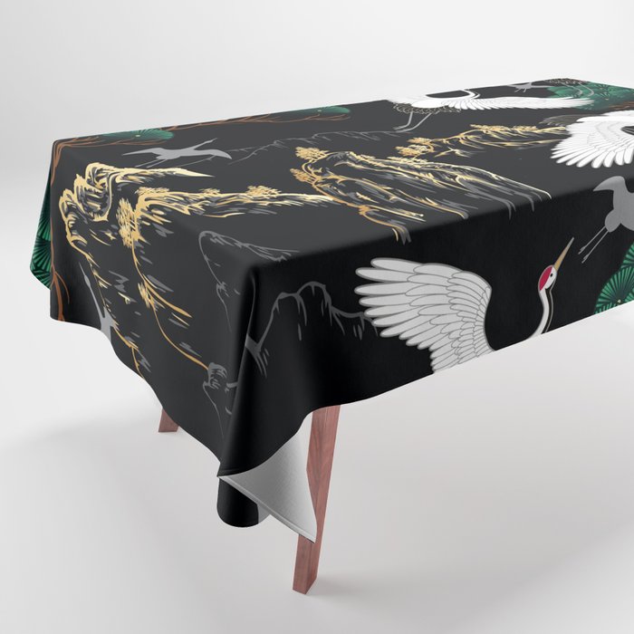 Japanese Flying Crane Wild Emerald Forest Pattern Tablecloth Gallery Image 1