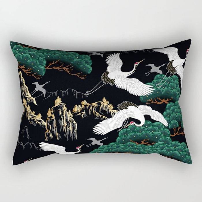 Japanese Flying Crane Wild Emerald Forest Pattern Rectangular Pillow Gallery Image 1