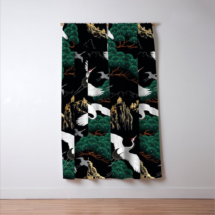 Japanese Flying Crane Wild Emerald Forest Pattern Window Curtain Gallery Image 3
