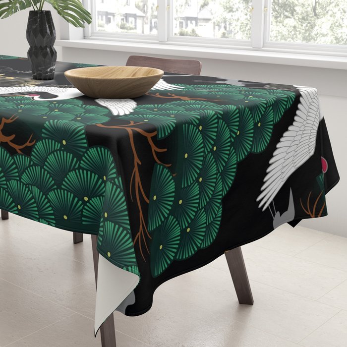 Japanese Flying Crane Wild Emerald Forest Pattern Tablecloth Gallery Image 3