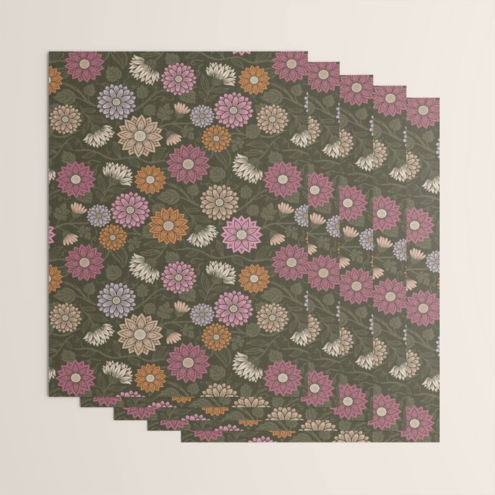 Mums and Vines Floral Mauve Olive and Rust Wrapping Paper Gallery Image 3