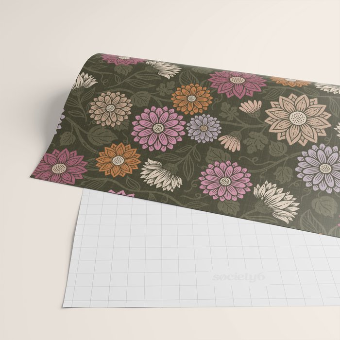 Mums and Vines Floral Mauve Olive and Rust Wrapping Paper Gallery Image 2