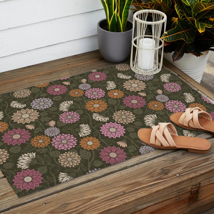 Mums and Vines Floral Mauve Olive and Rust Outdoor Rug Gallery Image 2