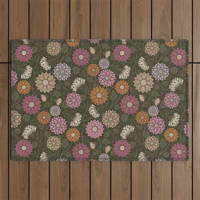 Mums and Vines Floral Mauve Olive and Rust Outdoor Rug Gallery Image 1