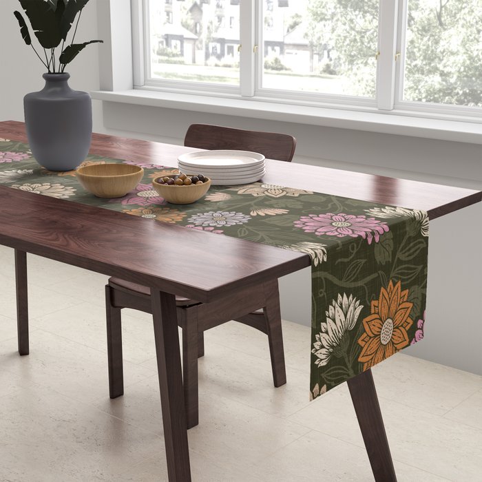 Mums and Vines Floral Mauve Olive and Rust Table Runner Gallery Image 2