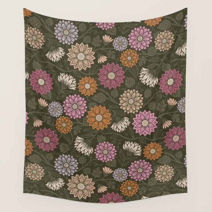 Mums and Vines Floral Mauve Olive and Rust Wall Tapestry Gallery Image 4