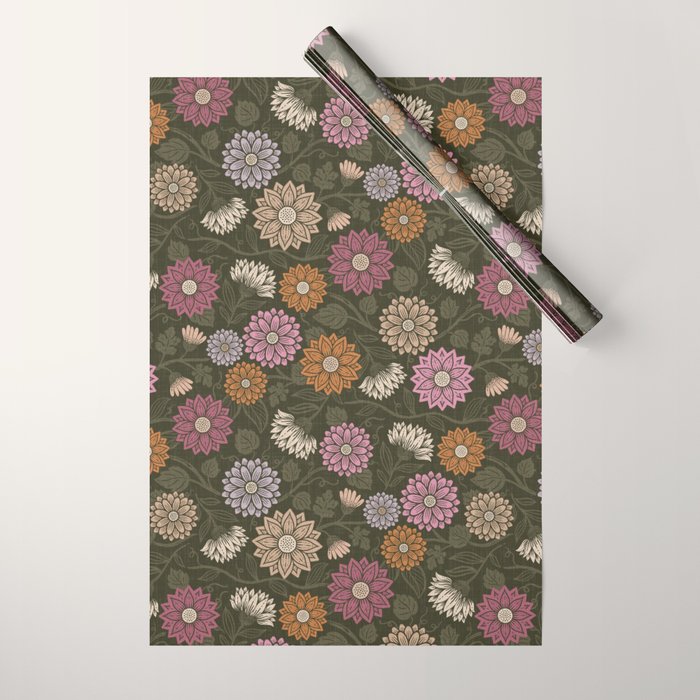 Mums and Vines Floral Mauve Olive and Rust Wrapping Paper Gallery Image 1