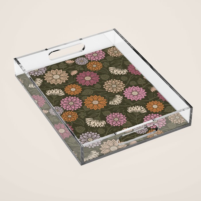 Mums and Vines Floral Mauve Olive and Rust Acrylic Tray Gallery Image 1