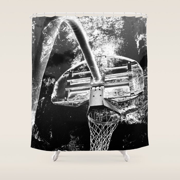 Black And White Basketball Art Shower Curtain Gallery Image 1