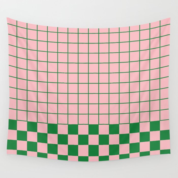 Grid Check Pink and Green Checkered Pattern Wall Tapestry Gallery Image 1