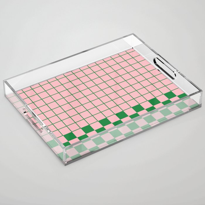 Grid Check Pink and Green Checkered Pattern Acrylic Tray Gallery Image 1