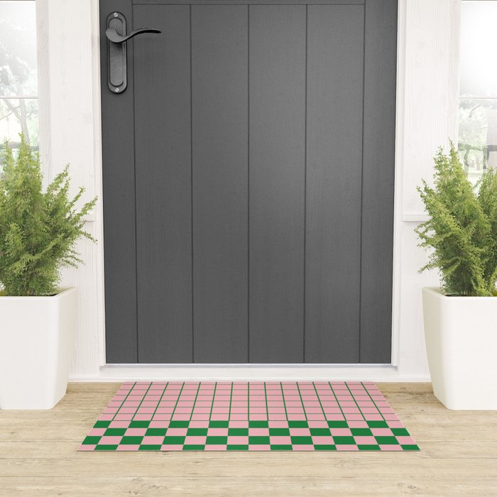 Grid Check Pink and Green Checkered Pattern Welcome Mat Gallery Image 3