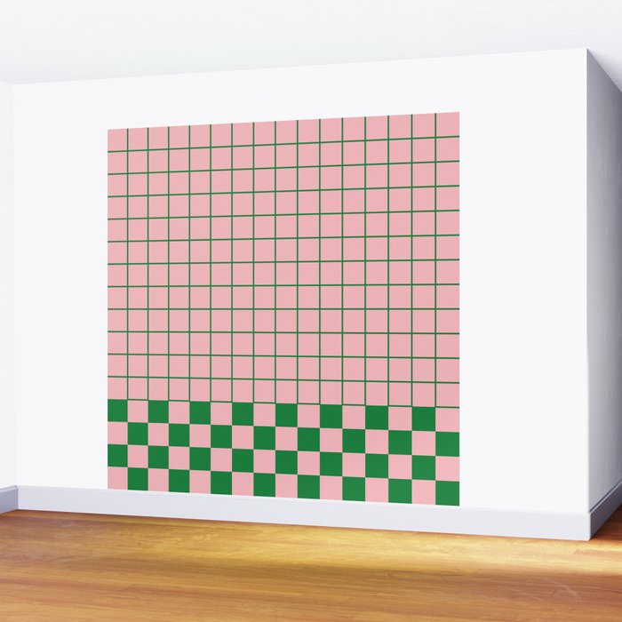 Grid Check Pink and Green Checkered Pattern Wall Mural Gallery Image 2