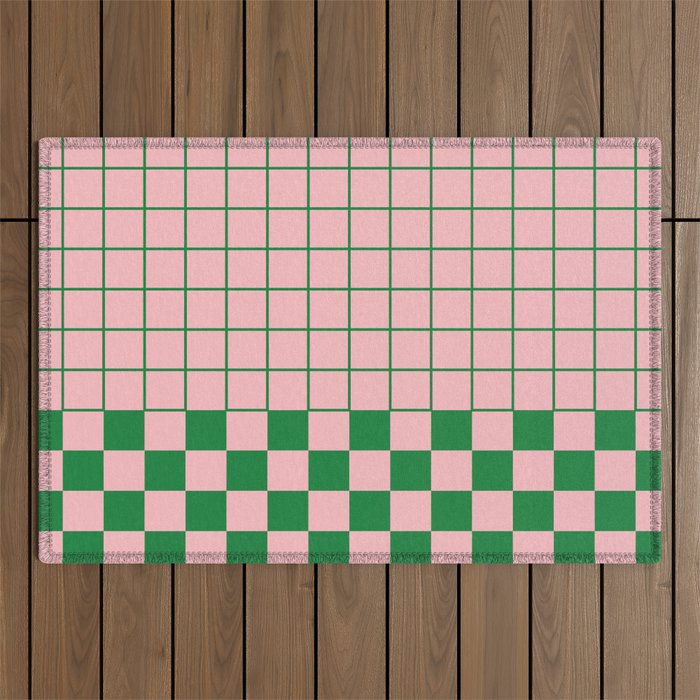 Grid Check Pink and Green Checkered Pattern Outdoor Rug Gallery Image 1