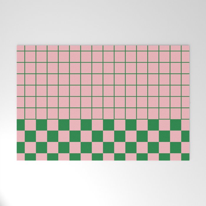 Grid Check Pink and Green Checkered Pattern Welcome Mat Gallery Image 1