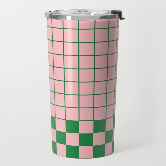 Grid Check Pink and Green Checkered Pattern Travel Mug Gallery Image 2